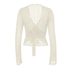 Long flared sleeve v neck lace hem knotted top