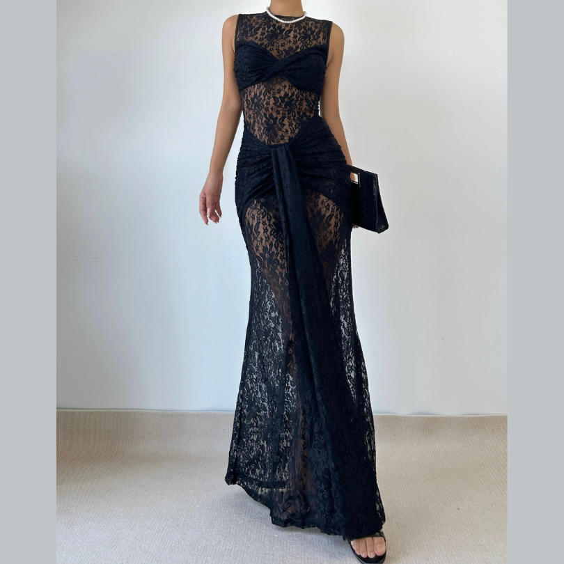 Crewneck sleeveless ruched lace maxi dress