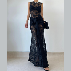 Crewneck sleeveless ruched lace maxi dress