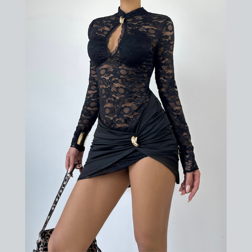 Long sleeve hollow out lace cut out mini dress