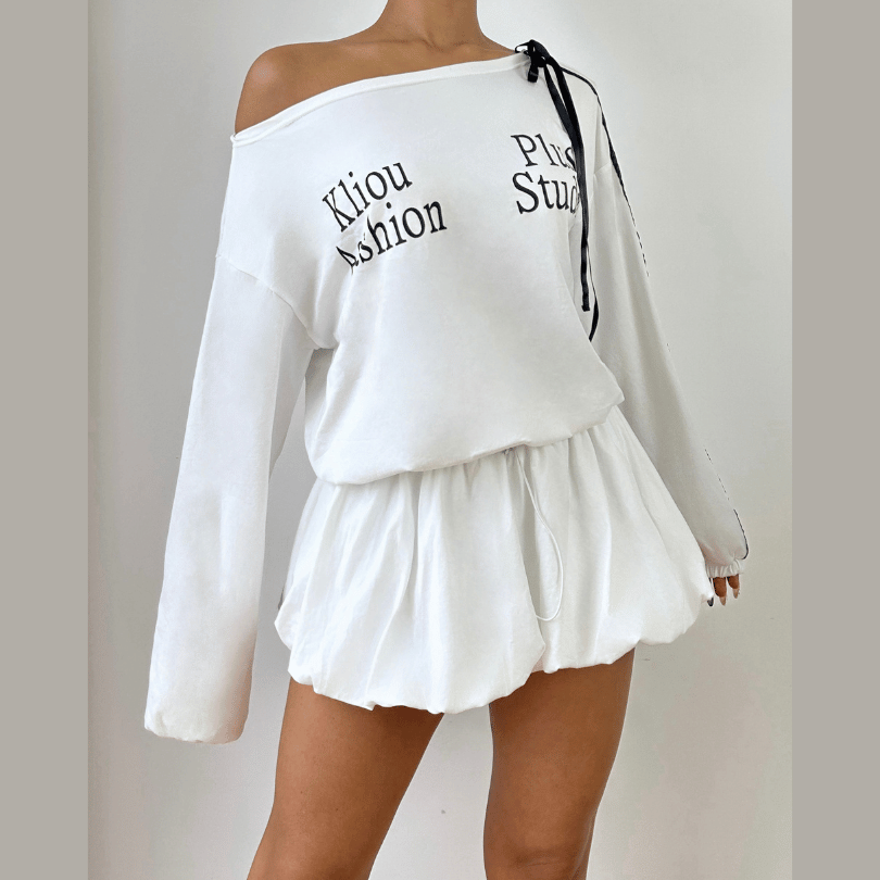 Irregular long sleeve ruched letter pattern mini dress