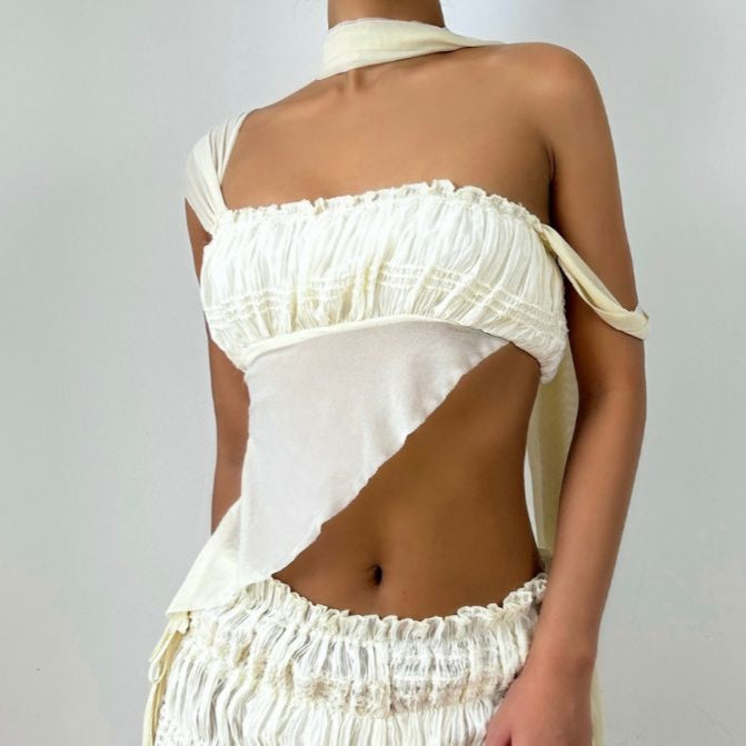 Ruched irregular square neck solid tank top