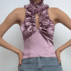 Halter ruffle ruched satin backless top-final-sale