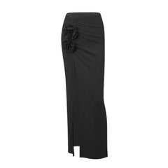 Ruched high slit flower applique irregular solid maxi skirt-final-sale
