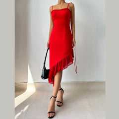 Irregular ruffle self tie solid cami midi dress