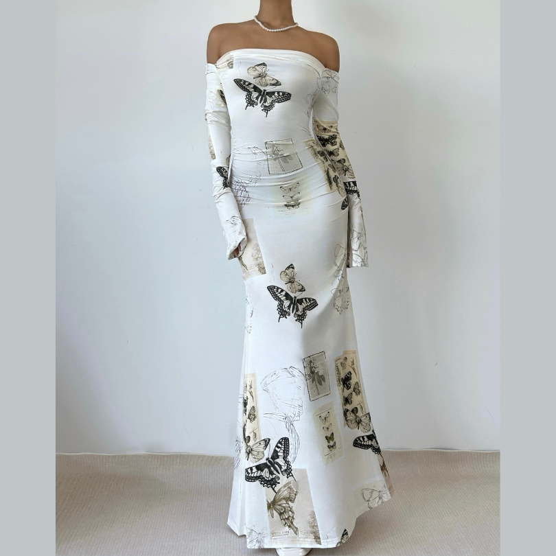 Long sleeve butterfly print off shoulder ruched maxi dress