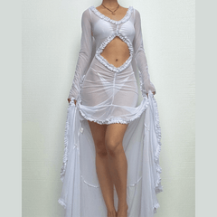 Long sleeve ruffle hollow out v neck sheer mesh cut out maxi dress-final-sale