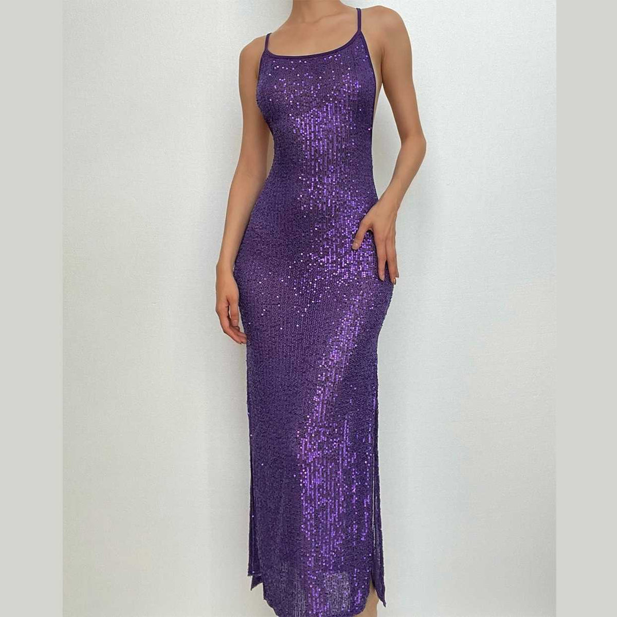 Glitter u neck see through backless cami maxi dress-final-sale