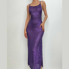 Glitter u neck see through backless cami maxi dress-final-sale