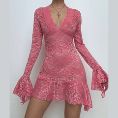 Long flared sleeve lace ruffle see through mini dress-final-sale