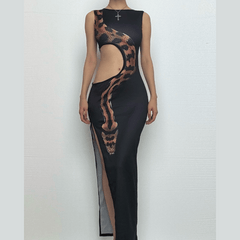 Sleeveless crewneck snake print hollow out slit cut out maxi dress