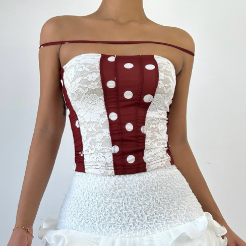 Lace polka dot corset backless tube top
