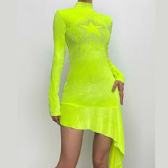 Star pattern beaded irregular long sleeve high neck ruffle mini dress-final-sale