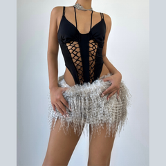 V neck self tie hollow out cami bodysuit