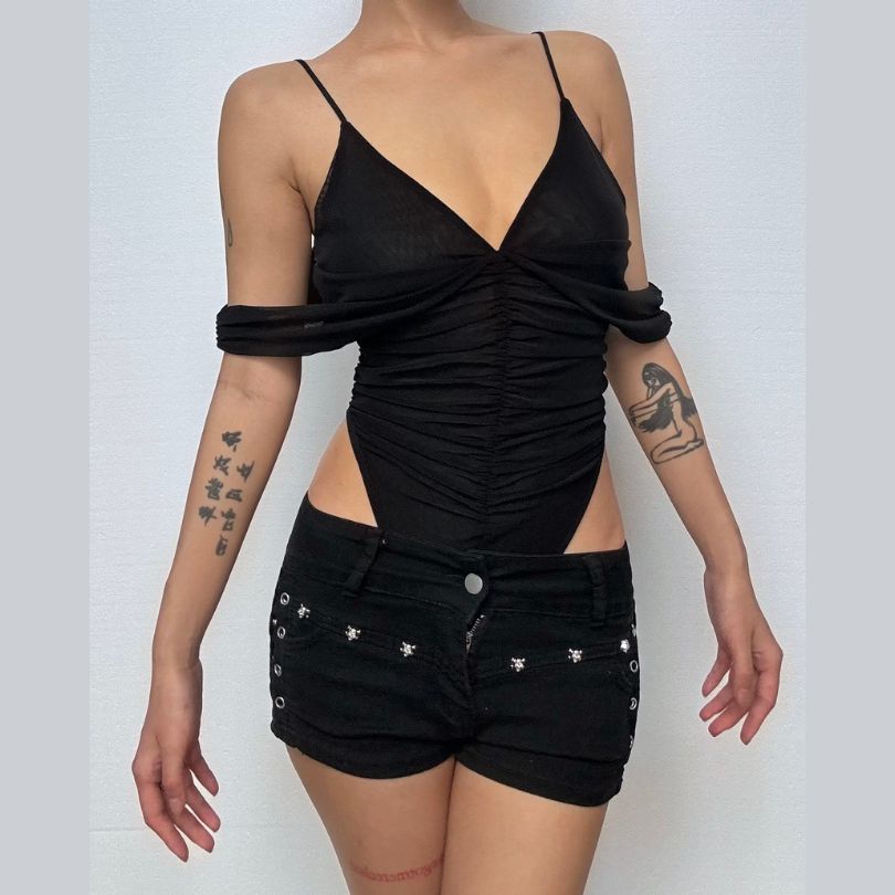 V neck off shoulder ruched bodysuit