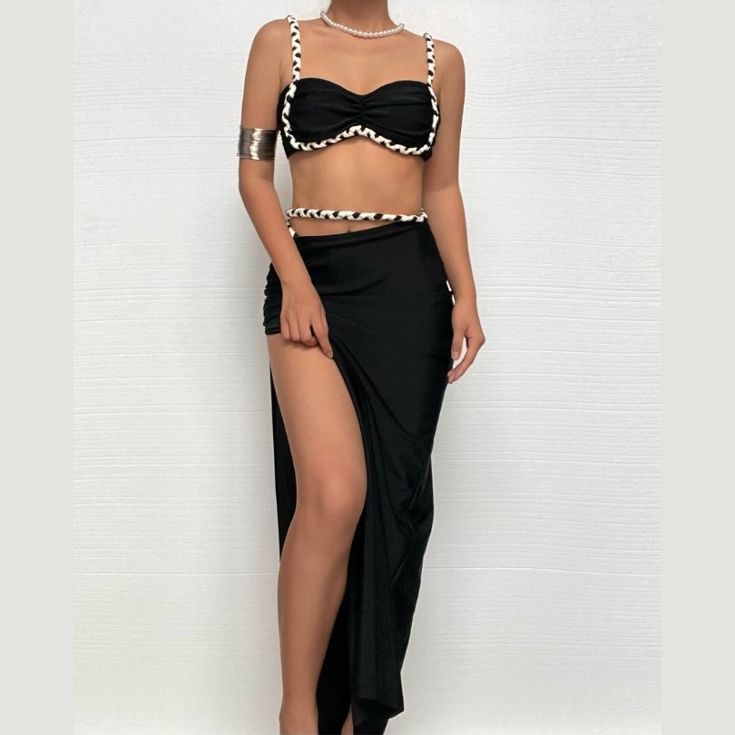 Hollow out ruched high slit cami maxi skirt set