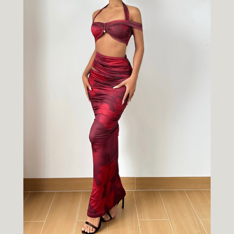 Halter ruched hollow out print v neck maxi skirt set