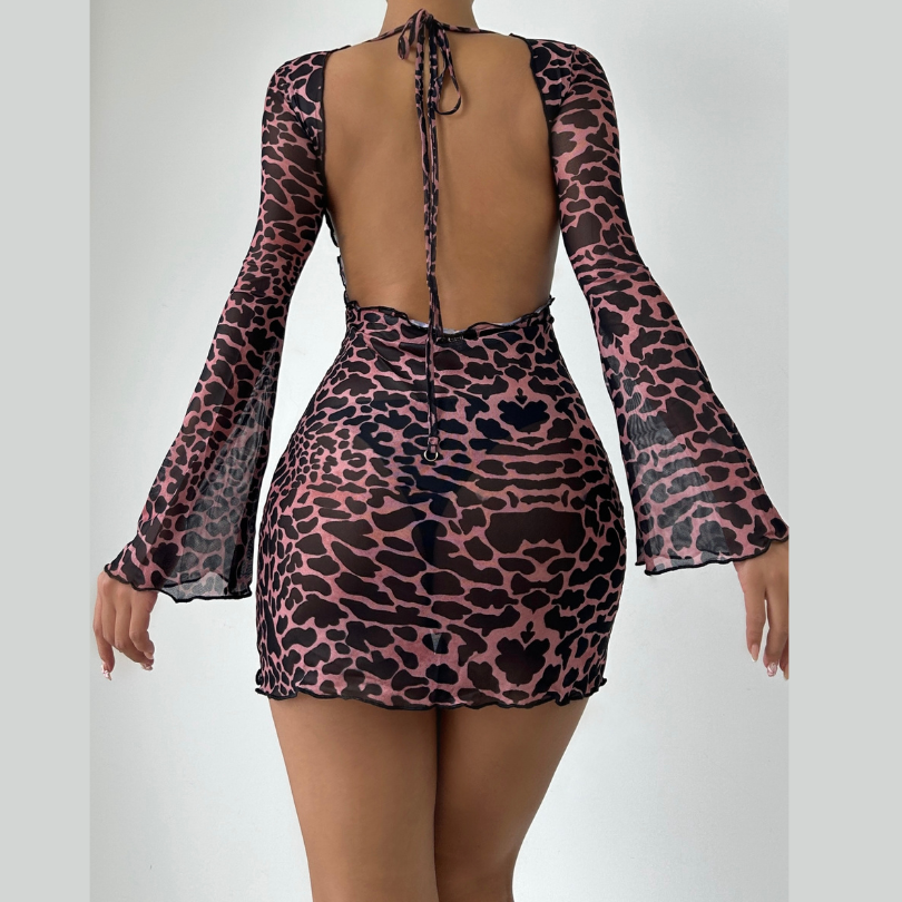 Sheer mesh leopard print contrast see through self tie backless mini dress