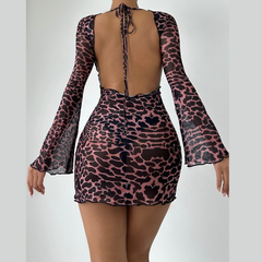 Sheer mesh leopard print contrast see through self tie backless mini dress
