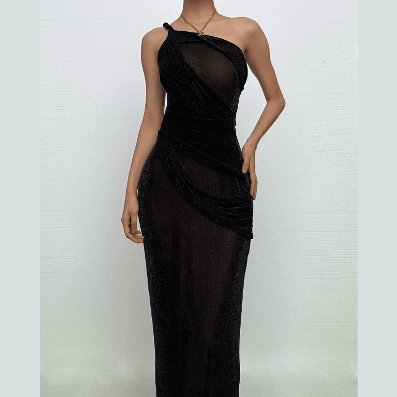 One shoulder irregular patchwork slit cami maxi dress-final-sale