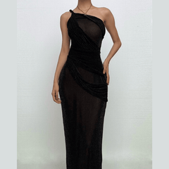 One shoulder irregular patchwork slit cami maxi dress-final-sale