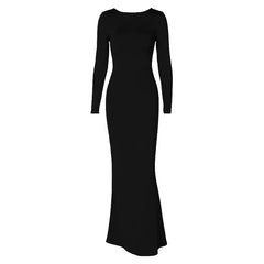 Long sleeve backless lace up ruched solid maxi dress-final-sale