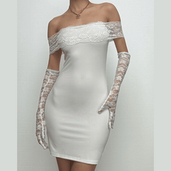 Off shoulder gloves patchwork lace mini dress-final-sale