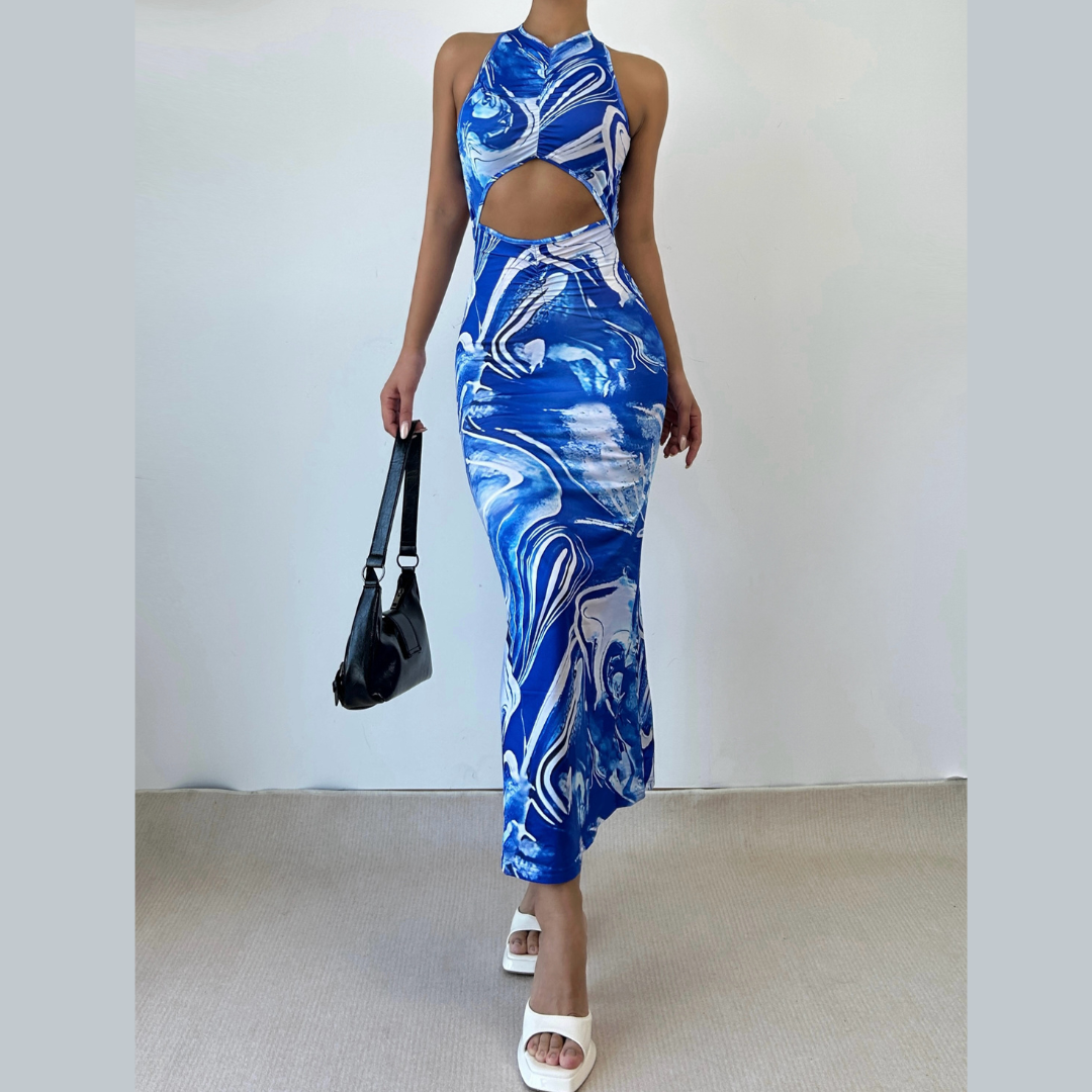 Cross back hollow out ruched print cut out maxi dress