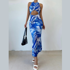 Cross back hollow out ruched print cut out maxi dress