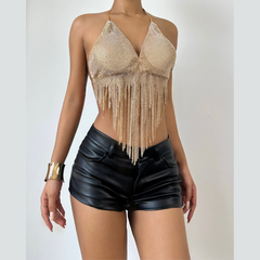 V neck halter self tie tassels glitter top