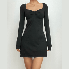 Square neck solid ruched long sleeve mini dress-final-sale