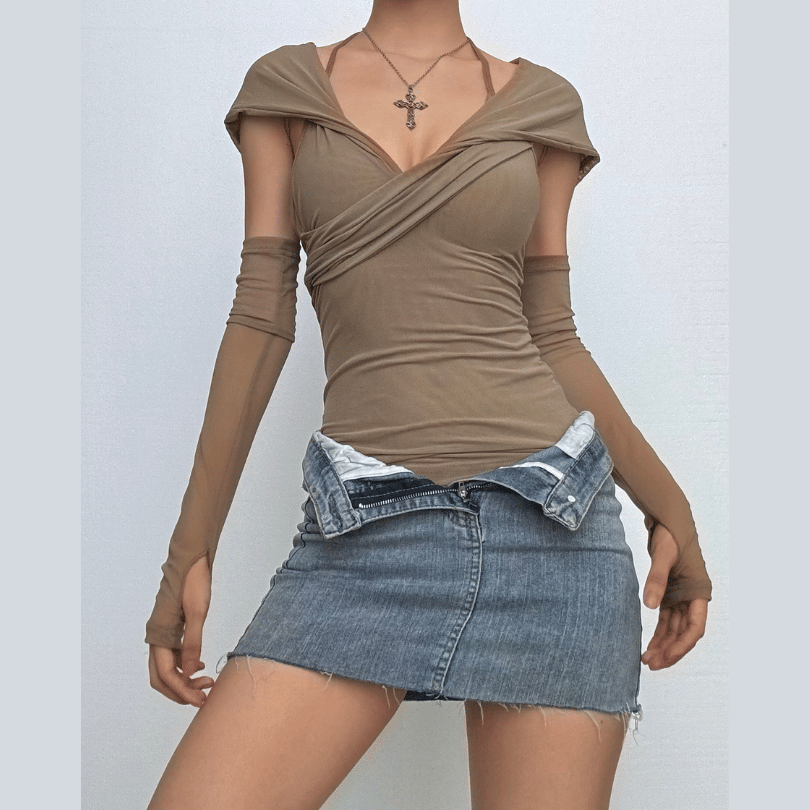 Hoodie gloves sheer mesh top