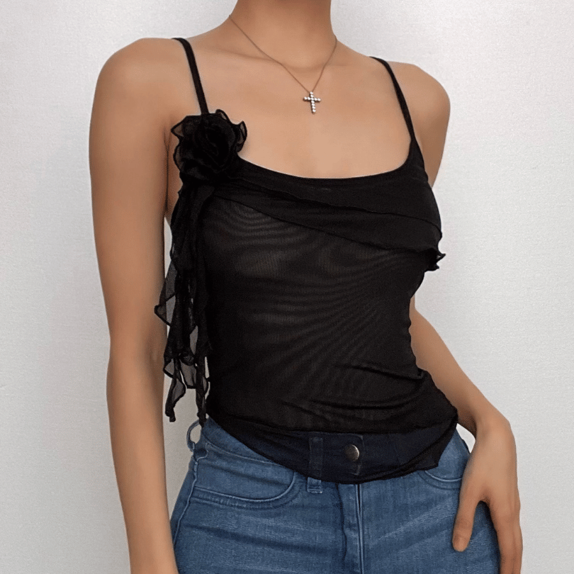 Sheer mesh flower applique ruffle u neck irregular crop top