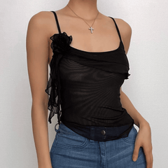 Sheer mesh flower applique ruffle u neck irregular crop top