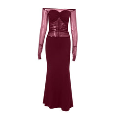Off shoulder long sleeve mesh patchwork ruched maxi dress