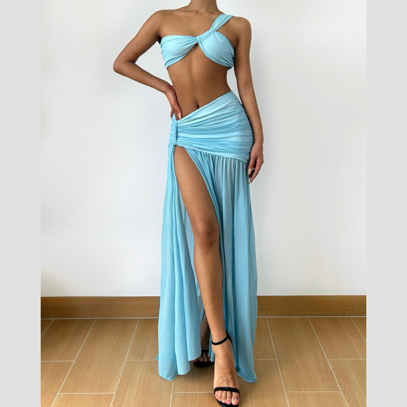 One shoulder ruched slit mesh maxi skirt set
