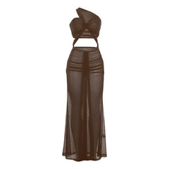 One shoulder mesh hollow out cut out maxi dress