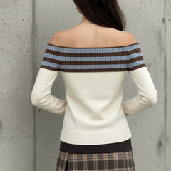Long sleeve off shoulder striped print star pattern top