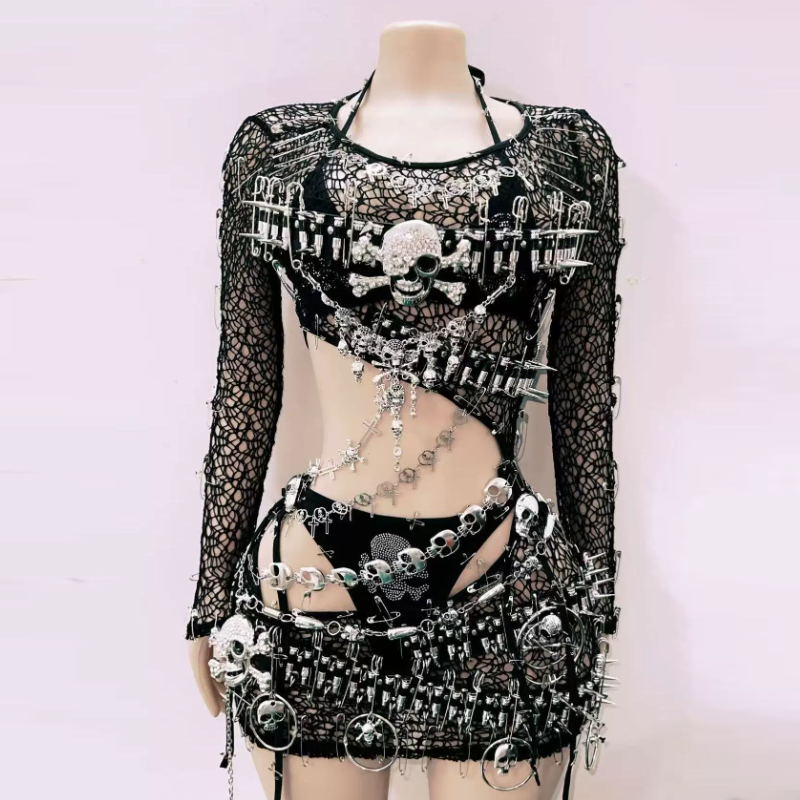 Long sleeve hollow out skull applique fishnet cut out mini dress