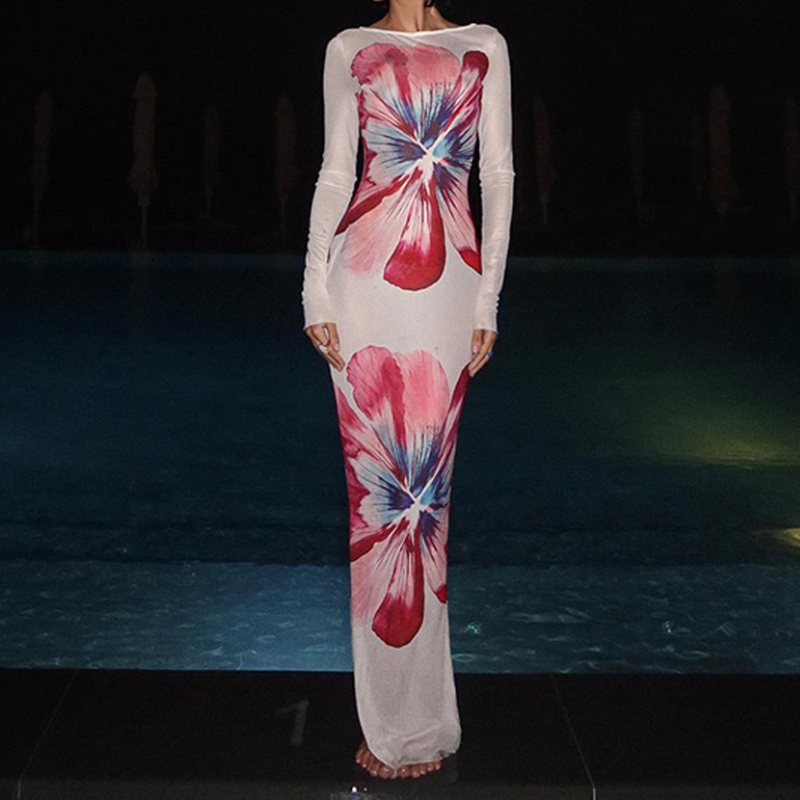 Long sleeve crewneck mesh flower print maxi dress