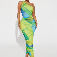 One shoulder ruched print maxi dress