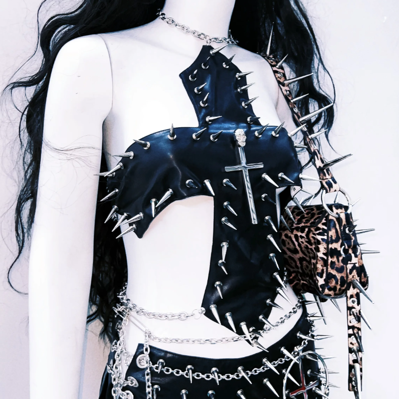 Cross applique metal chain hollow out cut out top