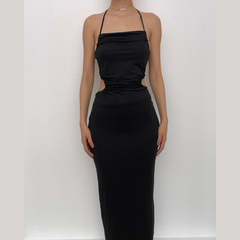 Solid hollow out drawstring backless halter cut out maxi dress
