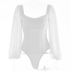 Solid v neck long sleeve mesh backless bodysuit-final-sale