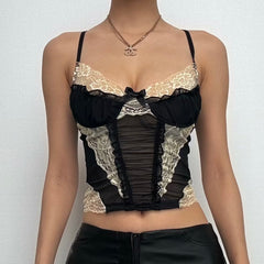 Lace hem contrast ruffle ruched patchwork cross back crop top