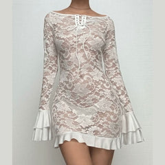 Long flared sleeve lace up lace see through mini dress-final-sale