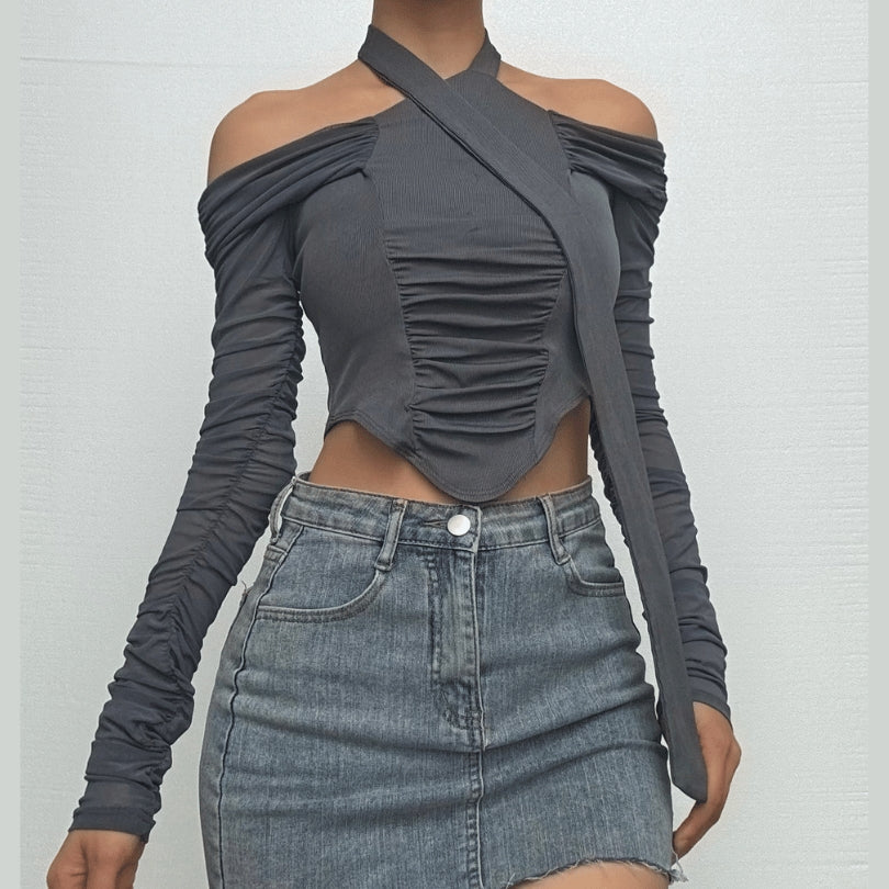 Off shoulder halter ruched crop top