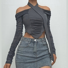Off shoulder halter ruched crop top