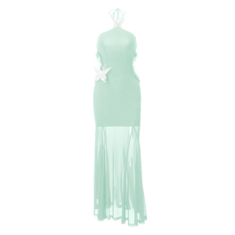 Halter butterfly applique hollow out mesh cut out maxi dress