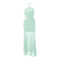 Halter butterfly applique hollow out mesh cut out maxi dress